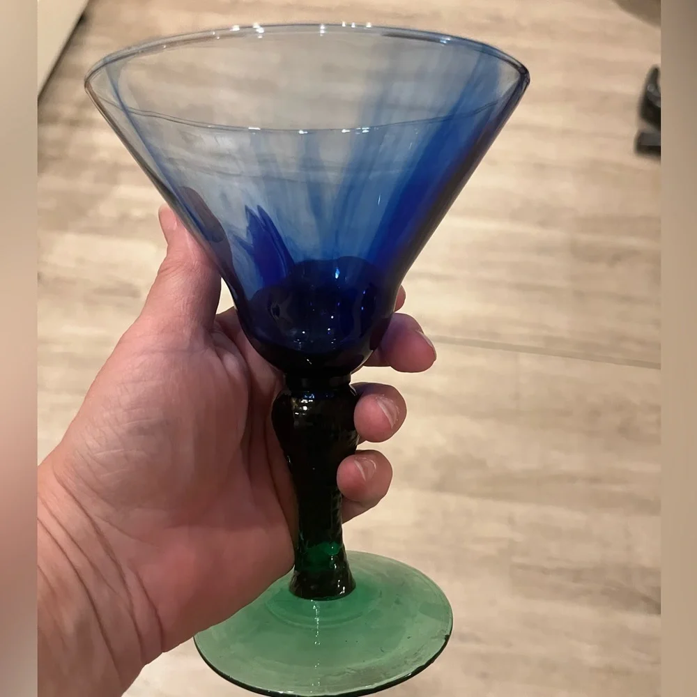 Vintage Libbey Marbleique Blue Swirl and Green Martini Glasses Set of 2